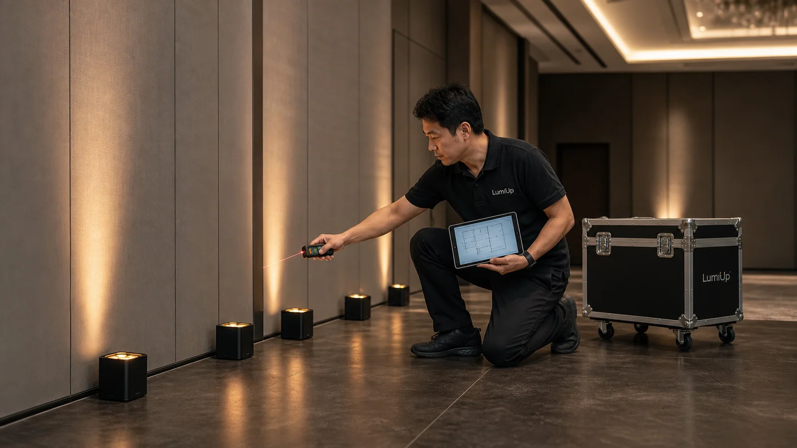 Editorial illustration of a LumiUp lighting planner measuring battery uplight spacing in a ballroom