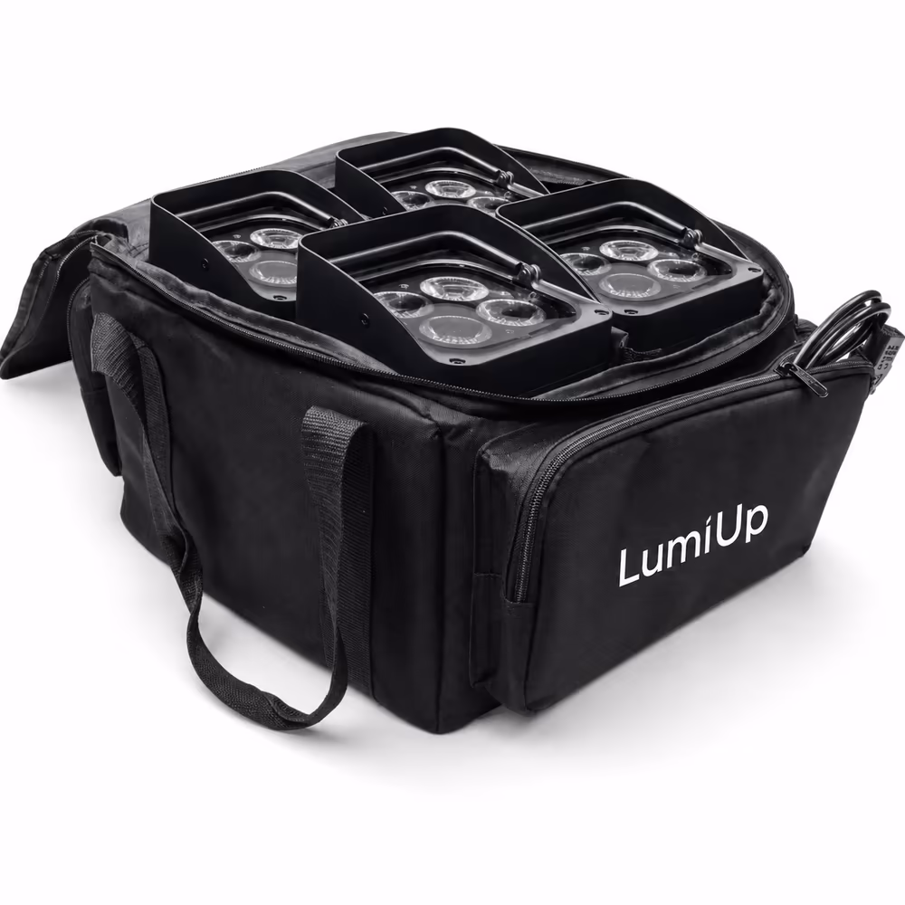 Four LumiUp compact battery lights packed in a branded transport bag